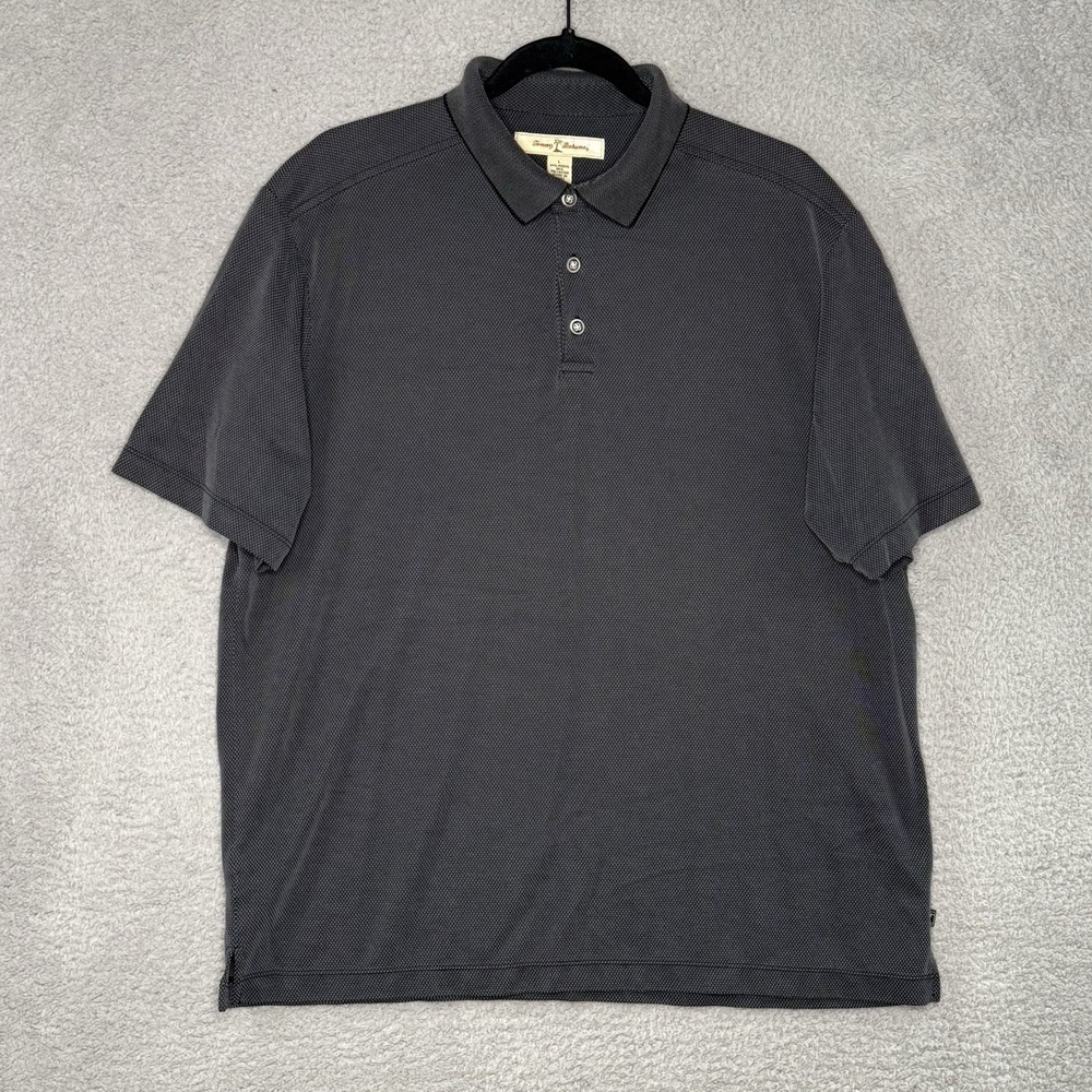 Tommy Bahama Mens L Grey Check Polo Shirt Modal Polyester Short Sleeve Camp